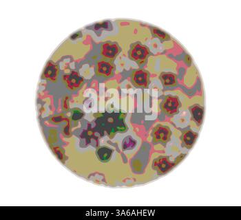 Ein abstraktes kreisförmiges Design mit einer Mischung aus organischen Formen und Farben, das einer topografischen Karte mit komplizierten Mustern und Texturen ähnelt. Klassische Kunst mit modernem Touch, neu interpretiert von Artotop, transformierte französische Stoffe, erste Hälfte des 19. Jahrhunderts Stockfoto