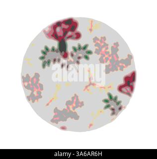 Ein dekorativer Teller mit kompliziertem Blumendesign und leuchtenden Farben, die sich um ein zentrales Rosenmotiv und abstrakte Formen drehen. Klassische Kunst mit modernem Touch, neu interpretiert von Artotop, transformierte französische Stoffe, erste Hälfte des 19. Jahrhunderts Stockfoto