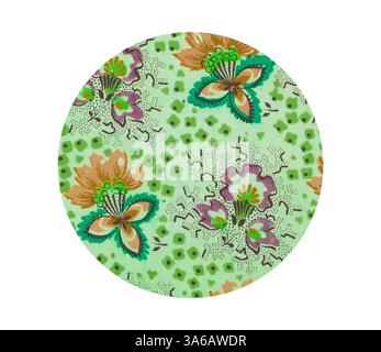 Ein kreisförmiges Design mit einem lebhaften Muster aus Blumen und Blättern in verschiedenen Grüntönen, Akzente in Lila und Braun, die eine verspielte und lebendige Ästhetik schaffen. Klassische Kunst mit modernem Touch, neu interpretiert von Artotop, transformierte französische Stoffe, erste Hälfte des 19. Jahrhunderts Stockfoto
