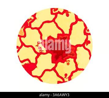 Ein lebhaftes Kreismuster mit wirbelnden Formen in Rot- und Gelbtönen schafft ein kompliziertes Design, das den Blick auf den zentralen Bereich lenkt. Klassische Kunst mit modernem Touch, neu interpretiert von Artotop, transformierte französische Stoffe, erste Hälfte des 19. Jahrhunderts Stockfoto