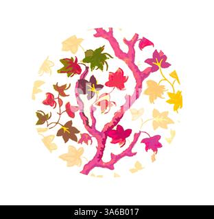 Eine lebendige, kreisförmige Komposition besteht aus ineinander verflochtenen Zweigen, die mit bunten Blättern in Rosa-, Grün- und warmen Tönen verziert sind und ein lebendiges und organisches Muster schaffen. Klassische Kunst mit modernem Touch, neu interpretiert von Artotop, transformierte französische Stoffe, erste Hälfte des 19. Jahrhunderts Stockfoto