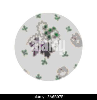 Eine detaillierte Illustration eines kugelförmigen Objekts mit einer Mischung abstrakter Muster in Grün-, Lila- und Grautönen, die einem Himmelskörper oder einem Planeten mit ungewöhnlichen Oberflächenstrukturen und -Formationen ähneln. Klassische Kunst mit modernem Touch, neu interpretiert von Artotop, transformierte französische Stoffe, erste Hälfte des 19. Jahrhunderts Stockfoto