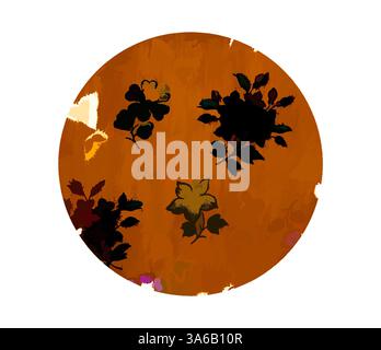 Ein abstraktes kreisförmiges Design mit floralen Silhouetten vor einem warmen, strukturierten Hintergrund, das ein Gefühl von natürlicher Eleganz und Kunstfertigkeit vermittelt. Klassische Kunst mit modernem Touch, neu interpretiert von Artotop, transformierte französische Stoffe, erste Hälfte des 19. Jahrhunderts Stockfoto