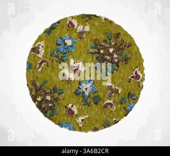 Ein kreisförmiges Design mit leuchtendem grünem Hintergrund, das mit bunten Blumen in Blau-, Rot- und Brauntönen verziert ist, wodurch ein lebendiges und organisches Muster entsteht. Klassische Kunst mit modernem Touch, neu interpretiert von Artotop, transformierte französische Stoffe, erste Hälfte des 19. Jahrhunderts Stockfoto