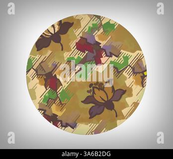 Eine runde dekorative Platte mit einem lebhaften Blumenmuster in Grün-, Rot- und Gelbtönen vor einem strukturierten, abstrakten Hintergrund. Klassische Kunst mit modernem Touch, neu interpretiert von Artotop, transformierte französische Stoffe, erste Hälfte des 19. Jahrhunderts Stockfoto