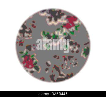 Ein abstraktes kreisförmiges Design mit einer Mischung aus gedämpften Grautönen mit leuchtenden Rot- und Grüntönen, die ein faszinierendes Zusammenspiel von Farben und Formen schaffen. Klassische Kunst mit modernem Touch, neu interpretiert von Artotop, transformierte französische Stoffe, erste Hälfte des 19. Jahrhunderts Stockfoto