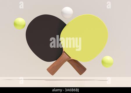 Tischtennispaddel und -Bälle in dynamischer Anordnung, perfekt für Sportbegeisterte. 3D-Rendering Stockfoto
