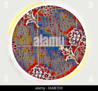 Ein dekoratives Kreismuster mit komplizierten Blumenmustern vor einem strukturierten, farbenfrohen Hintergrund. Klassische Kunst mit modernem Touch, neu interpretiert von Artotop, transformierte französische Stoffe, erste Hälfte des 19. Jahrhunderts Stockfoto