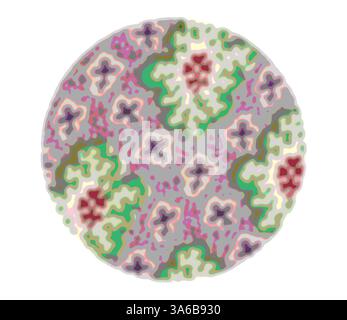 Ein kreisförmiges Muster mit einer lebendigen Mischung aus Blumenmotiven und abstrakten Formen, mit grünen, rosa und weißen Farbtönen, die ein harmonisches Design schaffen. Klassische Kunst mit modernem Touch, neu interpretiert von Artotop, transformierte französische Stoffe, erste Hälfte des 19. Jahrhunderts Stockfoto