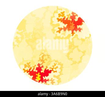 Ein lebendiges, kreisförmiges Design mit Gelb- und Orangetönen und abstrakten, floralen Mustern, die die Gesamtkomposition unterstreichen. Klassische Kunst mit modernem Touch, neu interpretiert von Artotop, transformierte französische Stoffe, erste Hälfte des 19. Jahrhunderts Stockfoto