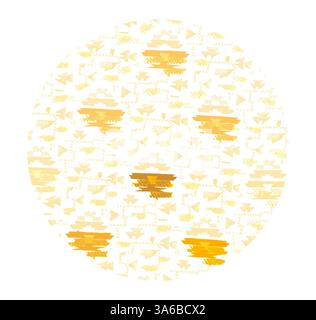 Ein kreisförmiges Muster mit verschiedenen Gelb- und Goldtönen, durchsetzt mit abstrakten Texturen und Formen, die eine verspielte und lebendige Komposition schaffen. Klassische Kunst mit modernem Touch, neu interpretiert von Artotop, transformierte französische Stoffe, erste Hälfte des 19. Jahrhunderts Stockfoto