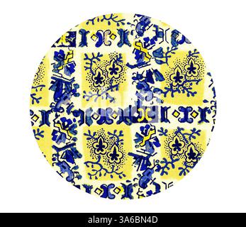 Ein kreisförmiges Muster mit komplexen Mustern in Blau und Gelb, das eine Mischung aus floralen und geometrischen Motiven zeigt, die einen lebendigen und lebendigen visuellen Effekt erzeugen. Klassische Kunst mit modernem Touch, neu interpretiert von Artotop, transformierte französische Stoffe, erste Hälfte des 19. Jahrhunderts Stockfoto
