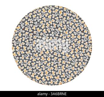 Ein kreisförmiges Muster mit einer lebendigen Mischung abstrakter Formen in weiß, Orange und Grau, die ein dynamisches und fesselndes Design schaffen. Klassische Kunst mit modernem Touch, neu interpretiert von Artotop, transformierte französische Stoffe, erste Hälfte des 19. Jahrhunderts Stockfoto