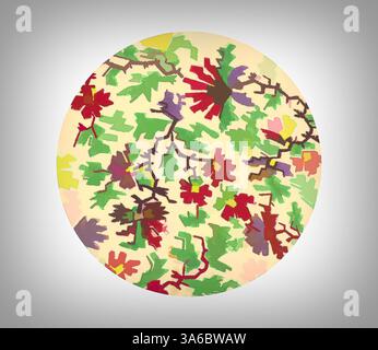 Ein lebendiges Kreismuster mit verschiedenen Blättern in Grün-, Rot- und Violetttönen, verwoben mit zarten Zweigen vor hellem Hintergrund. Klassische Kunst mit modernem Touch, neu interpretiert von Artotop, transformierte französische Stoffe, erste Hälfte des 19. Jahrhunderts Stockfoto