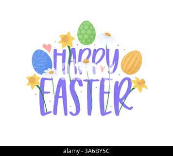 Frohe Ostern farbenfroher Schriftzug. Frohe Ostern, Ei, Frühlingsblumen und Grasvektorsymbole, Logo, Abzeichen und Schriftdesign isoliert auf weiß. Stock Vektor