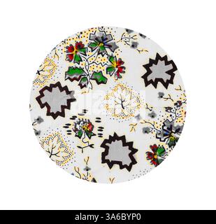 Ein kreisförmiges Muster mit einer Mischung aus floralen und abstrakten Formen, mit lebhaften Farben und komplizierten Details, die ein lebendiges und künstlerisches Design schaffen. Klassische Kunst mit modernem Touch, neu interpretiert von Artotop, transformierte französische Stoffe, erste Hälfte des 19. Jahrhunderts Stockfoto