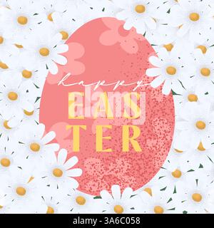 Vorlage für Banner mit Osterblumen. Kreativer Ostervektor-Hintergrund mit Ei und Blumenkamille. Eine festliche Illustration für Partydesign, Feiern, Stock Vektor