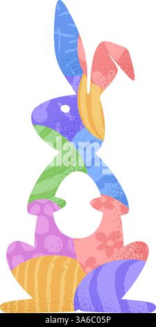 Osterhase. Hase oder Kaninchen Silhouette mit ostern strukturierten Eiern innerhalb des Vektorsymbols isoliert auf weißem Hintergrund. Stock Vektor