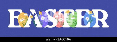 Happy Easter Textschrift für Ostergrußkarte mit strukturierten Eiern und Kaninchen. Vektor Frühling Urlaub Vektor Stock Illustration. Stock Vektor