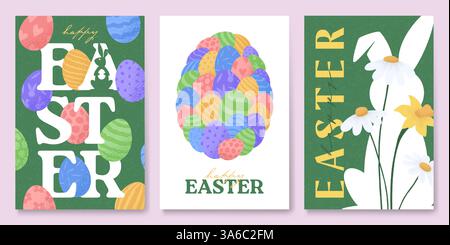 Set mit Ostervorlagen für Feiertage. Kreative Oster-Vektor-Illustration mit Häschen, Blumen, Gras und Eiern. Zeitgenössische Plakate für Feiern, br Stock Vektor