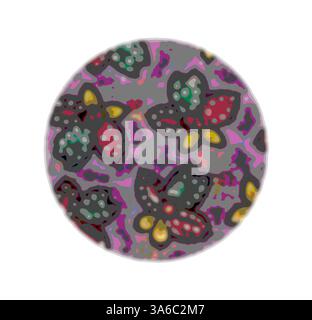 Ein kreisförmiges Design mit lebendigen Blumenmustern mit komplexen Formen und Farben, die eine abstrakte und lebendige Komposition schaffen. Klassische Kunst mit modernem Touch, neu interpretiert von Artotop, transformierte französische Stoffe, erste Hälfte des 19. Jahrhunderts Stockfoto