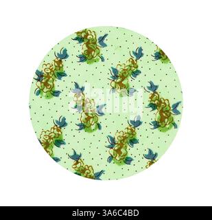 Ein kreisförmiger Stoff mit verspielten Blumen- und Punktmustern in sanften Grüntönen, mit filigranen Blüten und zarten Blättern, die ein charmantes und skurriles Design schaffen. Klassische Kunst mit modernem Touch, neu interpretiert von Artotop, transformierte französische Stoffe, erste Hälfte des 19. Jahrhunderts Stockfoto