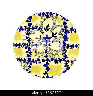 Ein lebendiges Kreismuster mit komplizierten Blumenmustern in Gelb und Blau, umgeben von zarten gepunkteten Akzenten. Klassische Kunst mit modernem Touch, neu interpretiert von Artotop, transformierte französische Stoffe, erste Hälfte des 19. Jahrhunderts Stockfoto