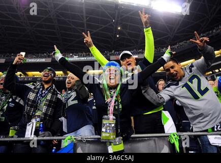 10. Januar 2015 - Seattle, WA, USA - Seattle Seahawks Fans feiern am Samstag, 10. Januar 2015, im CenturyLink Field in Seattle einen Sieg gegen die Carolina Panthers im NFC Division Playoff-Action 31-17. (Abbildung: © Jeff SINER/TNS/ZUMA Wire) Stockfoto