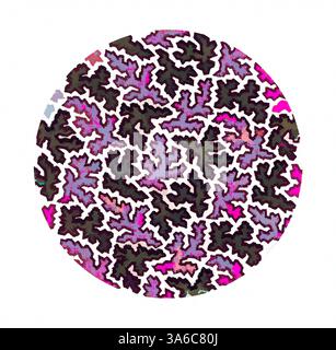Ein lebendiges Kreismuster mit komplizierten, wirbelnden Formen in Rosa, Lila und Schwarz, das ein dynamisches und faszinierendes Design schafft. Klassische Kunst mit modernem Touch, neu interpretiert von Artotop, transformierte französische Stoffe, erste Hälfte des 19. Jahrhunderts Stockfoto
