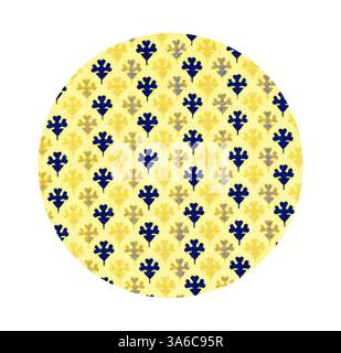 Ein lebendiges Kreismuster mit komplizierten Blumenmustern in Blau auf sonnigem gelbem Hintergrund. Klassische Kunst mit modernem Touch, neu interpretiert von Artotop, transformierte französische Stoffe, erste Hälfte des 19. Jahrhunderts Stockfoto