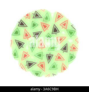 Ein lebhaftes Kreismuster mit einer Mischung aus Dreiecken in Grün, Schwarz und Orange für ein dynamisches und verspieltes Design. Klassische Kunst mit modernem Touch, neu interpretiert von Artotop, transformierte französische Stoffe, erste Hälfte des 19. Jahrhunderts Stockfoto