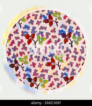 Ein lebhaftes Kreismuster mit stilisierten Blumen und abstrakten Formen in einer Mischung aus Farben, die ein lebendiges und dekoratives Design schaffen. Klassische Kunst mit modernem Touch, neu interpretiert von Artotop, transformierte französische Stoffe, erste Hälfte des 19. Jahrhunderts Stockfoto