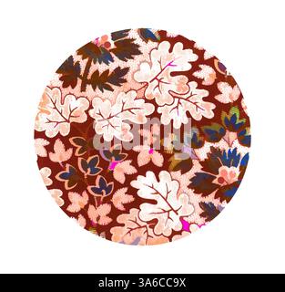 Ein lebhaftes, kreisförmiges Muster mit einer Mischung aus Blumen- und Blattmotiven in Rosa, Orange und tiefem Blau, das einen auffälligen, organischen Look schafft. Klassische Kunst mit modernem Touch, neu interpretiert von Artotop, transformierte französische Stoffe, erste Hälfte des 19. Jahrhunderts Stockfoto
