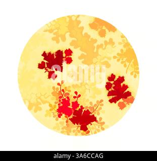 Eine lebendige, kreisförmige Komposition mit warmen Gelbtönen, verziert mit zarten Mustern aus roten und orangen Blättern, die an das Wesen des Herbstes erinnern. Klassische Kunst mit modernem Touch, neu interpretiert von Artotop, transformierte französische Stoffe, erste Hälfte des 19. Jahrhunderts Stockfoto