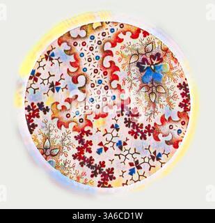 Ein kreisförmiges Muster mit komplizierten Blumenmustern in leuchtenden Farben, das eine Mischung aus Formen und Motiven zeigt. Klassische Kunst mit modernem Touch, neu interpretiert von Artotop, transformierte französische Stoffe, erste Hälfte des 19. Jahrhunderts Stockfoto