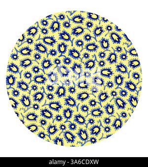 Ein lebendiges kreisförmiges Muster mit einer Mischung aus blauen Blumen und gelben Blättern vor einem hellgelben Hintergrund, das ein lebendiges und verspieltes Design schafft. Klassische Kunst mit modernem Touch, neu interpretiert von Artotop, transformierte französische Stoffe, erste Hälfte des 19. Jahrhunderts Stockfoto
