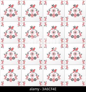 Traditionelles südukrainisches dekoratives Ornament auf nahtlosen Fliesen, Muster mit volkstümlichem Botanik- und Vogelschmuck Stockfoto