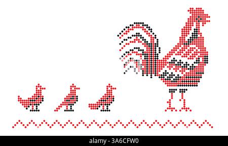Ethnisches Stickmotiv mit Hahn und Vögeln, Ornament aus der Südukraine Stockfoto