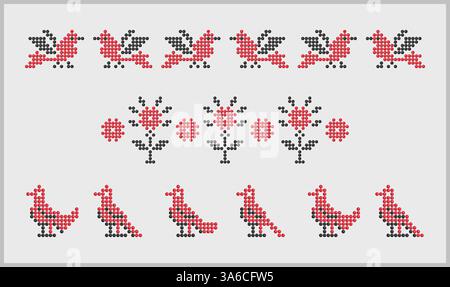 Vogelperlen und Blumenperlen aus der Südukraine traditionelle Stickmuster, ethnisches Dekormotiv Stockfoto