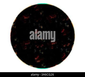 Ein abstraktes Design mit einer zentralen kreisförmigen Form, umgeben von komplexen, dunklen Mustern mit roten Anklängen, die einen rätselhaften und strukturierten visuellen Effekt erzeugen. Klassische Kunst mit modernem Touch, neu interpretiert von Artotop, transformierte französische Stoffe, erste Hälfte des 19. Jahrhunderts Stockfoto