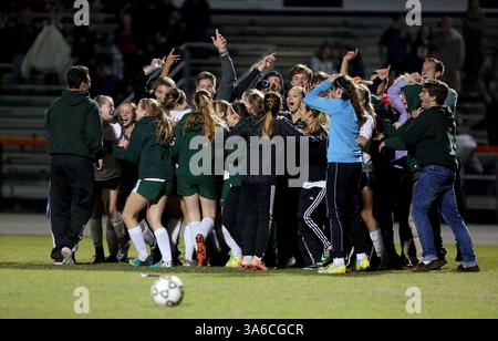 Januar 2015 - Seminole, Florida, USA - DOUGLAS R. CLIFFORD. Die Seminole High School Mädchen Varsity Fußballmannschaft und Klassenkameraden treffen sich auf dem Feld, wenn sie das District Girls Soccer Finale am Freitag (16.01.15) gegen die Osceola High School in Seminole gewonnen haben. Die Lady Warhawks gewannen nach zwei Überstunden ein Schießergebnis, nachdem das Spiel am Ende der Regelleiste ohne Ergebnis war. (Foto: © Douglas R. Clifford/Tampa Bay Times/ZUMA Wire) Stockfoto