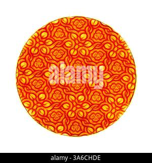 Ein lebhaftes Kreismuster mit komplexen Designs aus wirbelnden Linien und Formen in Rot- und Orange-Tönen, die ein Gefühl von Wärme und Energie wecken. Klassische Kunst mit modernem Touch, neu interpretiert von Artotop, transformierte französische Stoffe, erste Hälfte des 19. Jahrhunderts Stockfoto