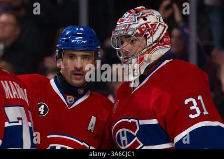 27. JANUAR 2015 : Montreal Canadiens Center Tomas Plekanec #14 gratuliert Montreal Canadiens Torwart Carey Price #31 während eines NHL-Spiels zwischen den Dallas Stars und den Montreal Canadiens im Bell Centre in Montreal, Quebec, Kanada. Die Montreal Canadiens besiegten die Dallas Stars mit 3:2. Philippe Bouchard/CSM(Bild: © Philippe Bouchard/Cal Sports Media/Cal Sport Media/ZUMAPRESS.com) Stockfoto