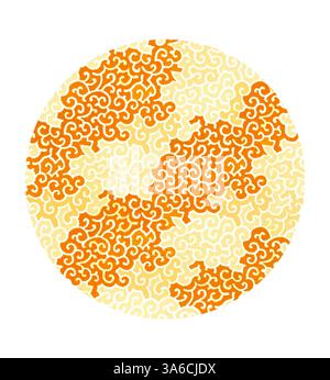 Ein kreisförmiges Muster mit komplizierten, wirbelnden Designs in Orange- und Cremetönen, die ein dynamisches und strukturiertes Erscheinungsbild schaffen. Klassische Kunst mit modernem Touch, neu interpretiert von Artotop, transformierte französische Stoffe, erste Hälfte des 19. Jahrhunderts Stockfoto