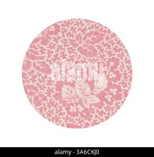 Ein kreisförmiger Stoff mit einem zarten Blumenmuster in sanften Rosa- und Cremetönen, verziert mit Blättern und kleinen Blüten, die eine charmante und Vintage-inspirierte Ästhetik schaffen. Klassische Kunst mit modernem Touch, neu interpretiert von Artotop, transformierte französische Stoffe, erste Hälfte des 19. Jahrhunderts Stockfoto