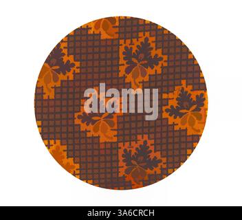 Ein kreisförmiges Design mit aufwändig angeordneten Herbstblättern in warmen Orange- und Brauntönen vor einem strukturierten Gitterhintergrund. Klassische Kunst mit modernem Touch, neu interpretiert von Artotop, transformierte französische Stoffe, erste Hälfte des 19. Jahrhunderts Stockfoto