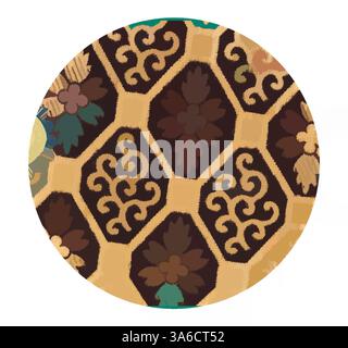 Ein dekoratives Kreismuster mit komplizierten Blumen- und geometrischen Mustern in satten Erdtönen und Goldtönen. Klassische Kunst mit modernem Touch, neu interpretiert von Artotop, transformierte französische Stoffe, erste Hälfte des 19. Jahrhunderts Stockfoto