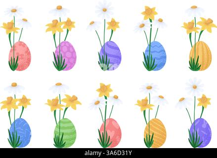 Sammlung strukturierter Ostereier mit Frühlingsblumen. Verschiedene gemalte Ostereier mit Blumen Vektor-Illustration isoliert auf weißem Hintergrund. V Stock Vektor