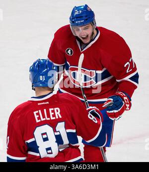7. FEBRUAR 2015: Alex Galchenyuk #27 des Montreal Canadiens Centers Lars Eller #81 trifft ein Tor während eines NHL-Spiels zwischen den New Jersey Devils und den Montreal Canadiens im Bell Centre in Montreal, Quebec, Kanada. Philippe Bouchard/CSM(Bild: © Philippe Bouchard/Cal Sports Med/Cal Sport Media/ZUMAPRESS.com) Stockfoto