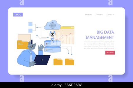 KI in globalen Unternehmen verbessert die Big-Data-Verwaltung durch Datenanalyse und -Automatisierung. Sie ermöglicht es Unternehmen, Einblicke zu gewinnen, Abläufe zu optimieren und Entscheidungsprozesse zu verbessern. Vektorabbildung. Stock Vektor